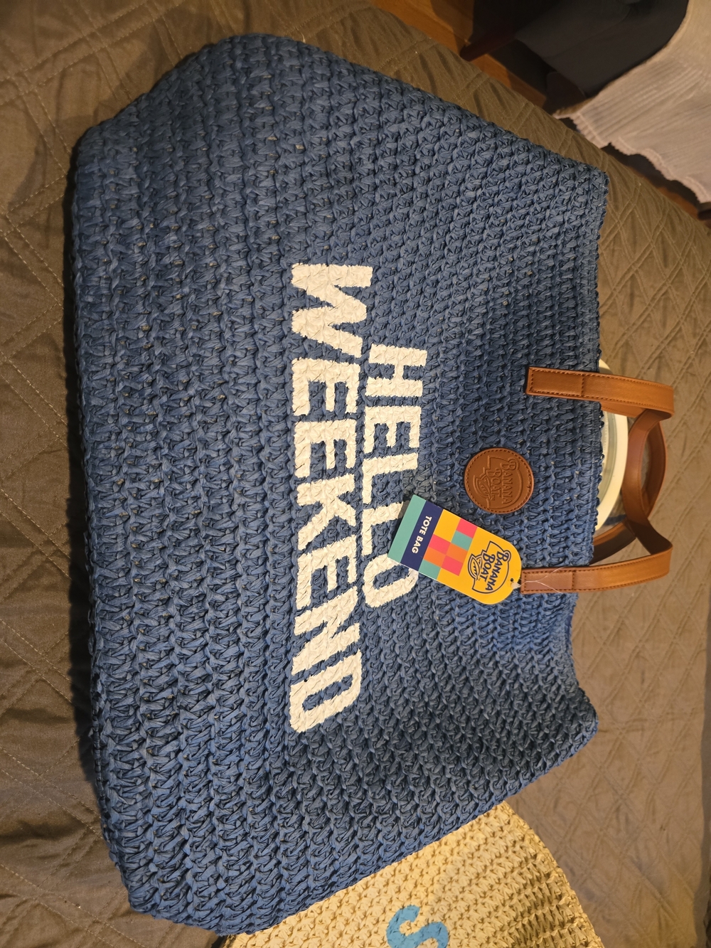 Blue "Hello Weekend" Straw Tote with Brown Handles